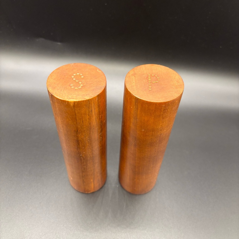 Vintage Danish Wood Salt Pepper Shakers‎ MCM Cylinder Walnut Brown Rare 6" x 2"